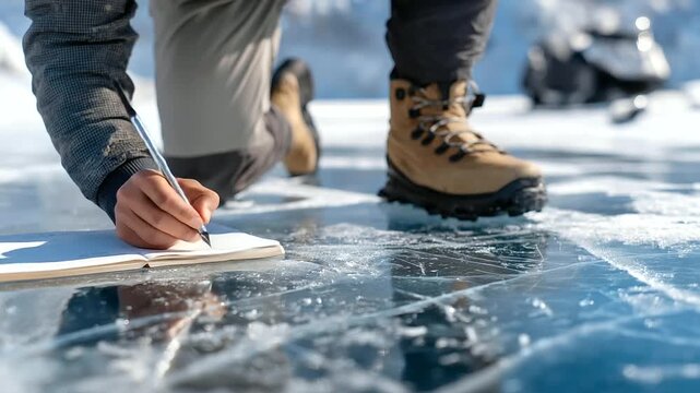 A scientist their boots slipping measures snow depth with a probe its metal tip piercing layers. A notebook its pages creased records data. A snowmobile its tracks grooved