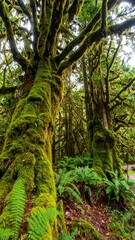 Lush forest scene with moss-covered trees