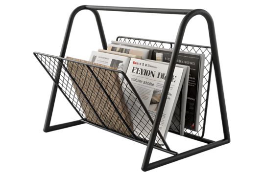 Modern black metal magazine rack holding vinyl records against a black background