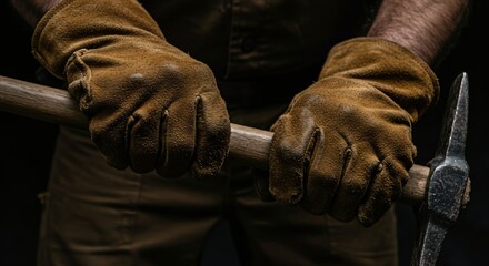 Man blacksmith holding metal tool in dark workshop. Industrial worker hands working with steel rod. Heavy industry concept.