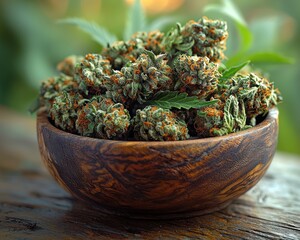 A wooden bowl filled with cannabis buds