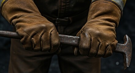 Man blacksmith holding metal tool in dark workshop. Industrial worker hands working with steel rod. Heavy industry concept.