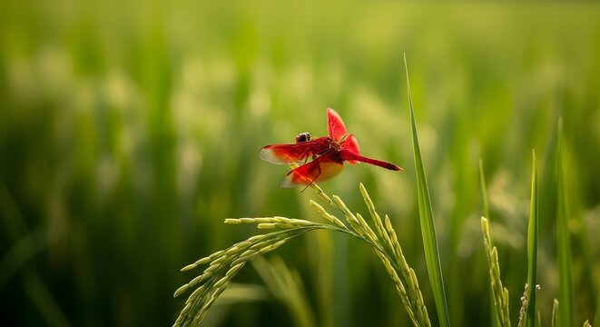 Red dragonfly perched on a vibrant green rice plant in a natural outdoor setting - Powered by Adobe