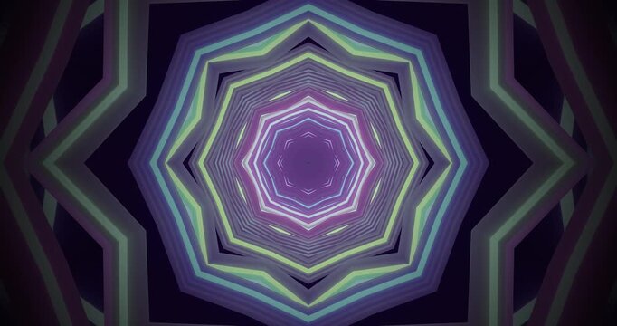 AI-generated abstract of a complex futuristic symmetrical tunnel of glowing purple and pink light