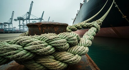 Fototapeta premium Dockside Cargo Rope Securing Ship at Industrial Port with Cranes