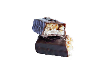 Caramel chocolate bar cut in half and isolated over a white background