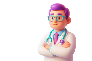 Fototapeta premium Cartoon doctor with glasses and stethoscope in lab coat, colorful style on white background, concept of healthcare and medical professional, Ai generative