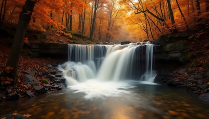 Autumn Cascade: A Serene Waterfall Scene in a Vibrant Forest Setting