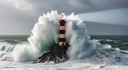 Dramatic Lighthouse Standing Strong Against Crashing Waves and a Powerful Stormy Sea