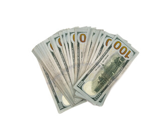 USA dollars, US money, cash, salary in dollars, dollar, mans hand is holding a stack of US dollars, copy space, flay lay, top view. The stack contains a total of 100 dollars. The hand is positioned in