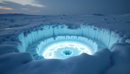 Ultra Realistic Frozen Lightning Strike Crater in Icy Tundra with Glowing Ice Shards