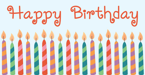 Happy birthday greeting card or poster with colorful candles. Horizontal illustration with bright elements