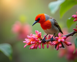 Obraz premium Vibrant sunbird perched gracefully among delicate pink blossoms, a stunning display of nature's beauty, perfect for inspiring themes of spring, wildlife, and serene moments