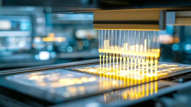 A technician runs a gel electrophoresis for telomere length in a molecular lab with DNA bands migrating buffers bubbling electrodes connected and a UV transilluminator glowing