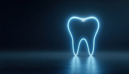 Glowing Neon Tooth Symbol on Dark Background, Dental Health Concept.