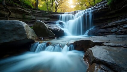 Majestic Waterfall Cascading Through Lush Forest Landscape Scenery