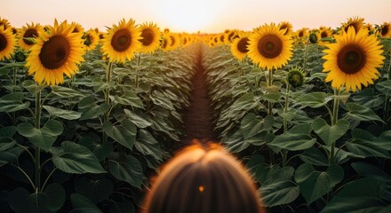Peaceful Sunflower Field at Sunset with a Child's Head Peeking Above the Tall Blooming Flowers