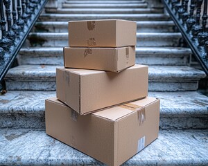 Stack of cardboard boxes on stone steps