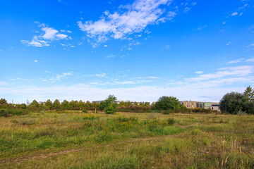 Fototapeta premium Meadow landscape with blue sky Germany, Augsburg, Haunstetten, 15 September 2025