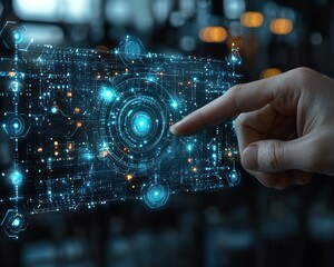 A hand points to a futuristic digital interface