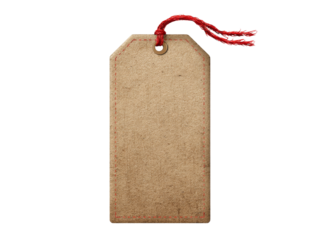 Blank vintage brown cardboard tag red string, Isolated On White, Png Transparent