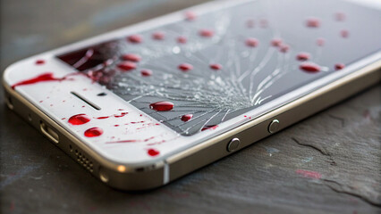 Cracked smartphone screen with red blood droplets conveying danger and urgency