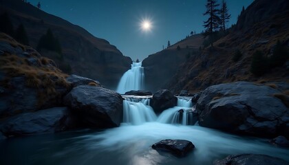 Moonlit Waterfall Cascade: Serene Night Landscape with Flowing Water