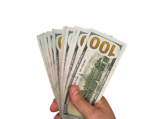 USA dollars, US money, cash, salary in dollars, dollar, mans hand is holding a stack of US dollars,...