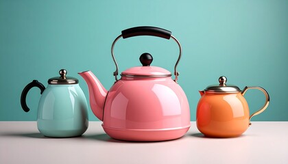 Three colorful kettles on a white surface