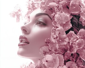 A woman's head and shoulders adorned with pink flowers, with a soft, muted palette and a studio-lit, high-contrast backdrop