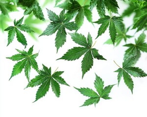 Fresh green leaves against white background