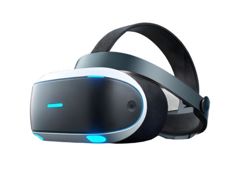 Modern virtual reality headset with glowing blue lights on black background