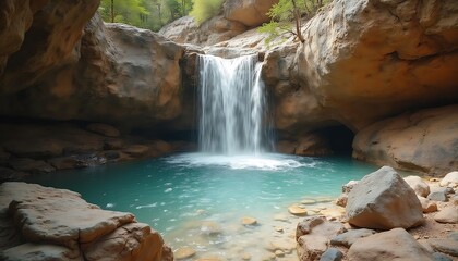 Serene Waterfall Oasis: A Tranquil Retreat Amidst Rocky Cliffs and Turquoise Waters