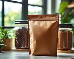 Brown paper packaging for coffee or similar goods, in a kitchen setting