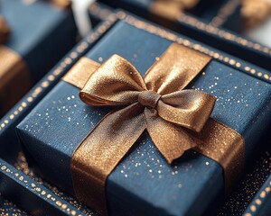 Close-up of a navy blue gift box with gold ribbon and glitter