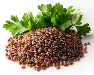 Pile of flax seeds with fresh parsley