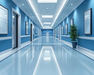 A long, bright blue hallway with white trim, featuring framed pictures and doors