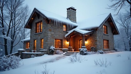 Snowy Stone House with Warm Interior Lights, Winter Wonderland Scenery