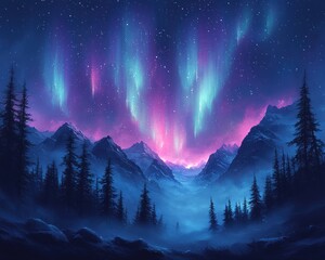 A serene mountain valley bathed in a vibrant aurora borealis