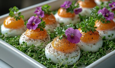 Delicate deviled eggs garnished with flowers