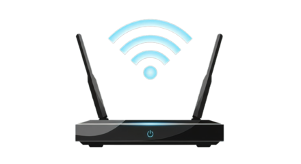 Wireless router with two antennas emitting a Wi-Fi signal, representing connectivity and internet access in a modern home or office environment