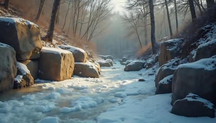 Winter wonderland: A serene view of snow-covered river and forest landscape
