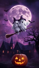 Spooky Halloween Night: Adorable Ghosts Flying Over a Haunted House