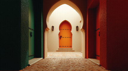 Fototapeta premium Traditional Moroccan alley with colorful tiled archways and bright doors