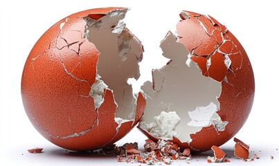 Cracked orange egg on white background