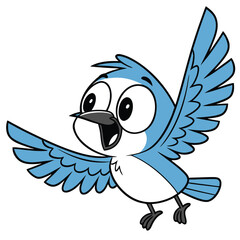 A cheerful blue cartoon bird with big eyes, open beak, spread wings, blue back and tail, white belly, and black clawed feet.