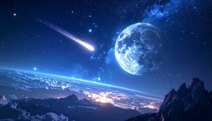 Cosmic Symphony - A Celestial Dance of Moon, Earth, and Comet.