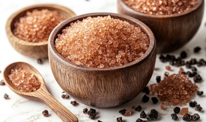 Close-up of pinkish-brown crystals in wooden bowls