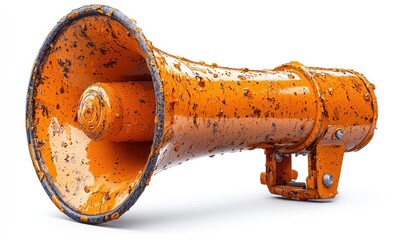 A dirty orange megaphone on a white background