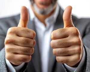 Close-up of a man's hands giving a thumbs-up gesture